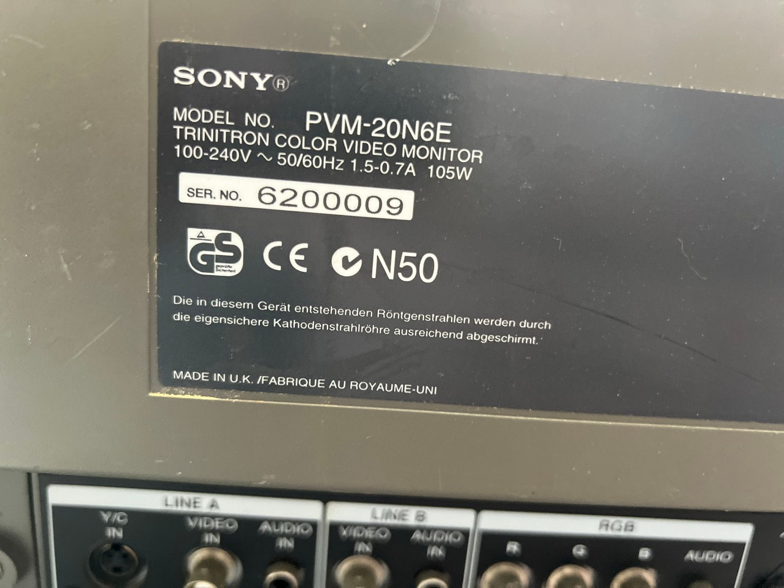 Sony PVM-20N6E Trinitron Color Video Monitor, Ophalen, Gebruikt, 50 Hz, HD Ready (720p)