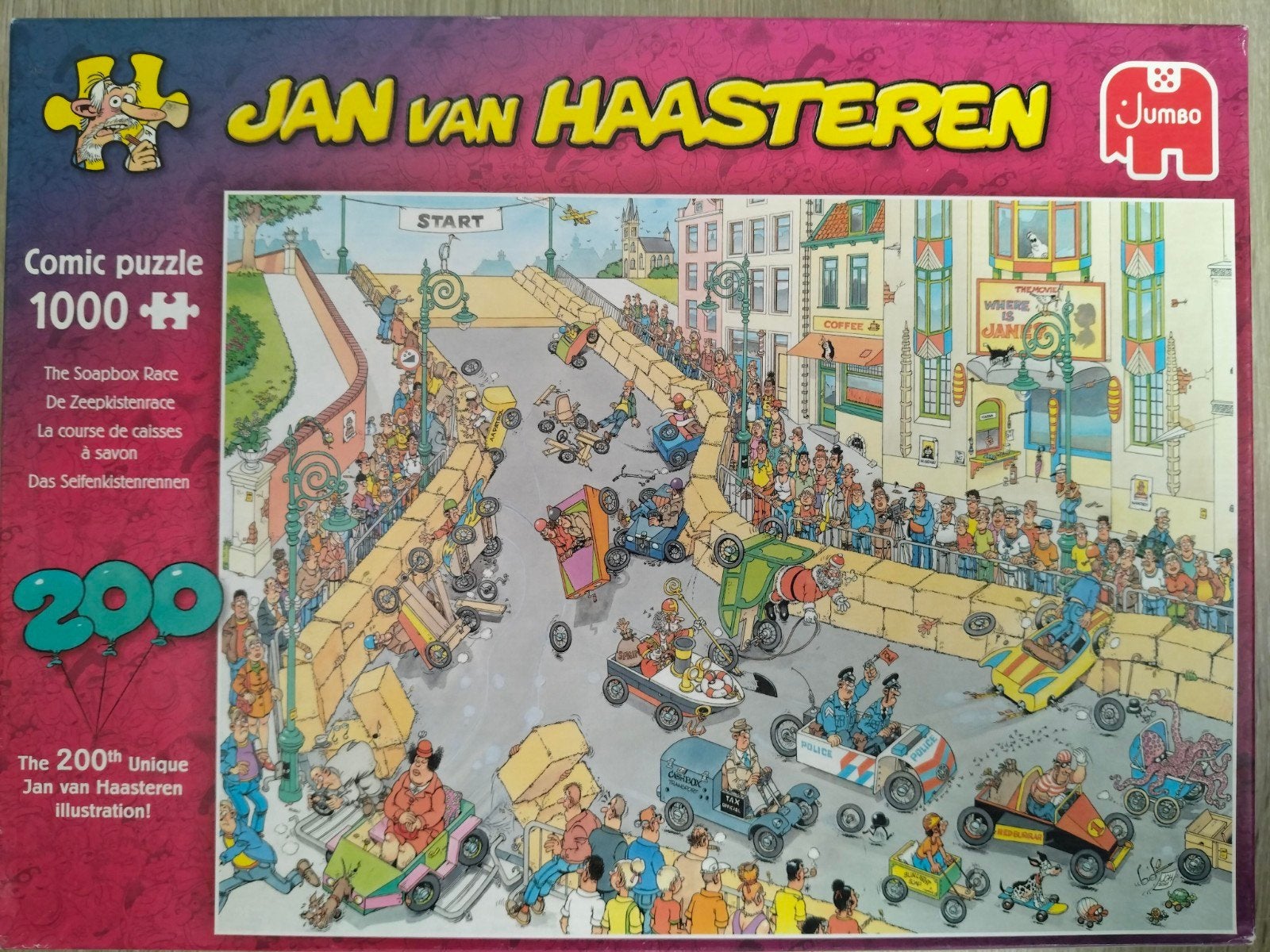Zeepkistenrace puzzel Jan van Haasteren te koop, Ophalen of Verzenden, 500 t/m 1500 stukjes, Zo goed als nieuw, Legpuzzel