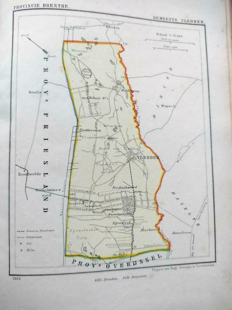 28 / Vledder / Dolderum / Moerhoven/ Litho 1865 Kuyper  DR, Antiek en Kunst, Ophalen of Verzenden, Kaarten en plattegronden, Lithografie