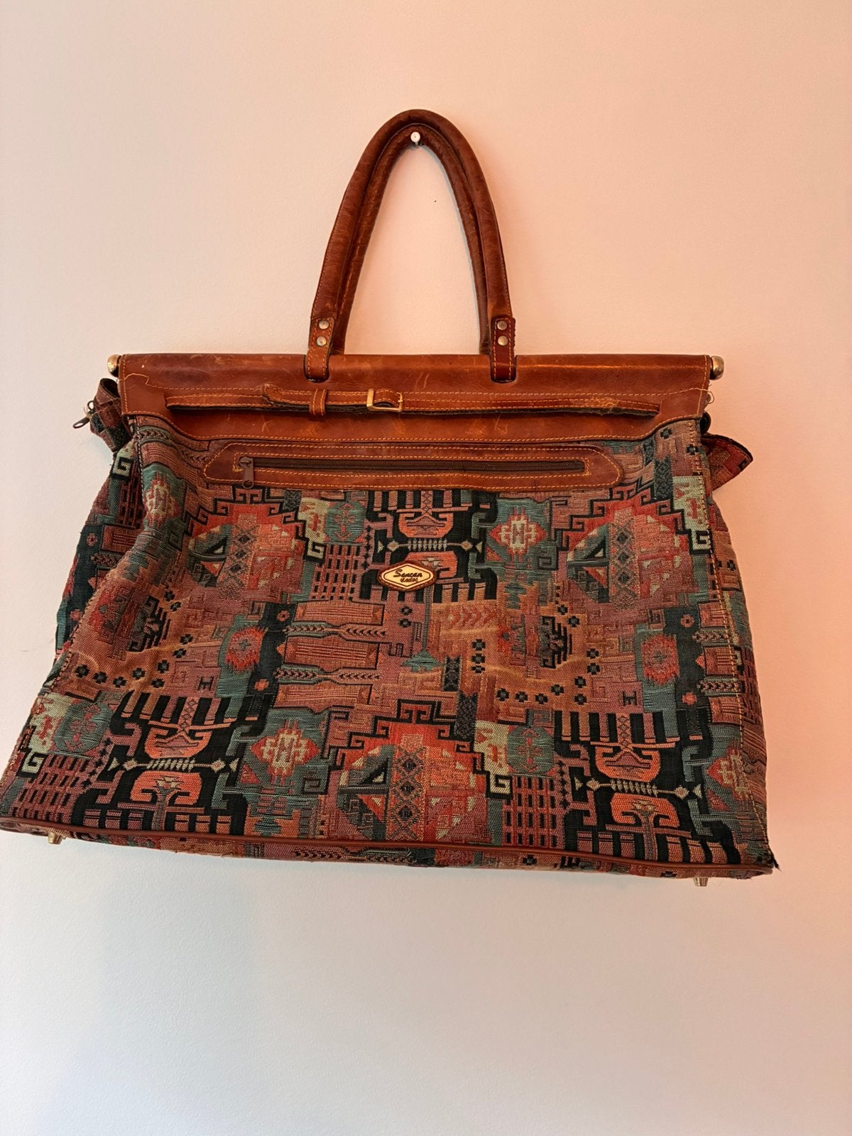 Vintage Gobelin reistas afgewerkt met leer, 40 tot 60 cm, 30 cm of meer, Bruin, Minder dan 35 cm