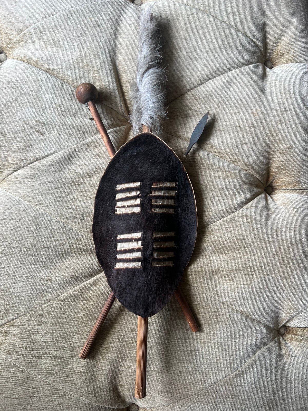 Vintage Speer met Schild Koeienhuid Afrika., Ophalen of Verzenden