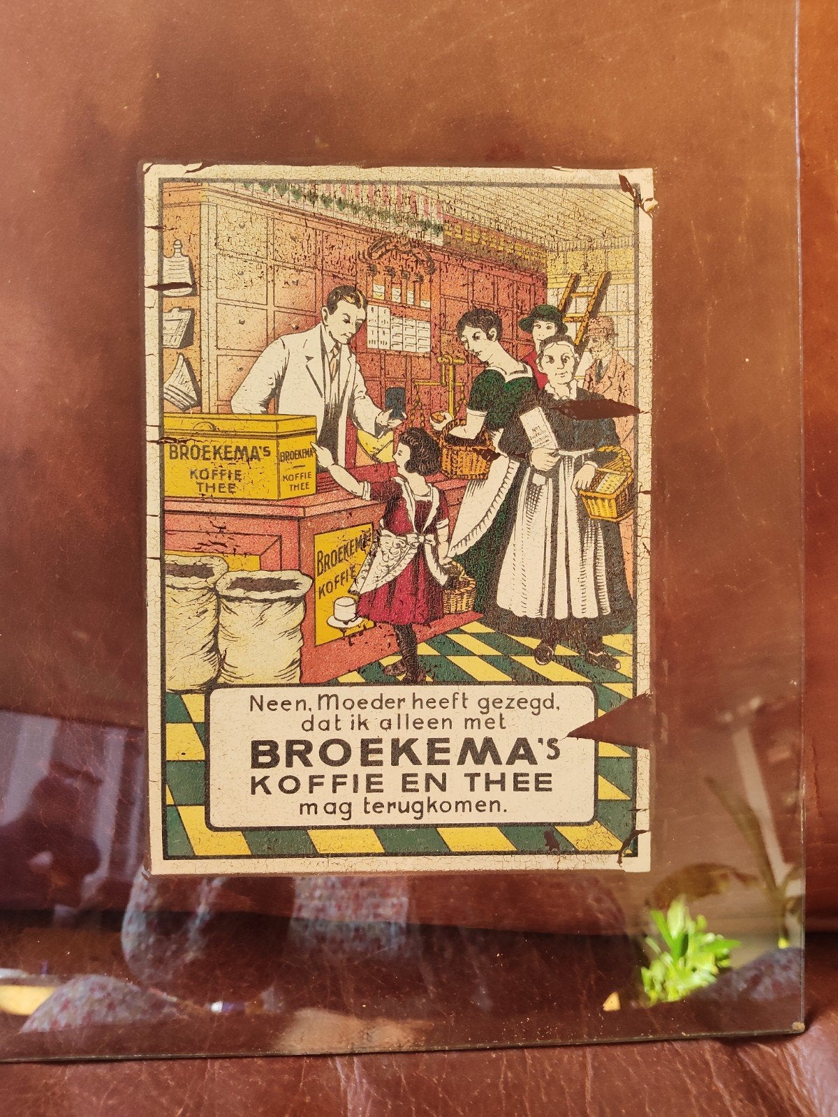 Broekema's Koffie en Thee Reclame op Glasplaat begin 20e ee, Ophalen of Verzenden, Gebruikt, Reclamebord