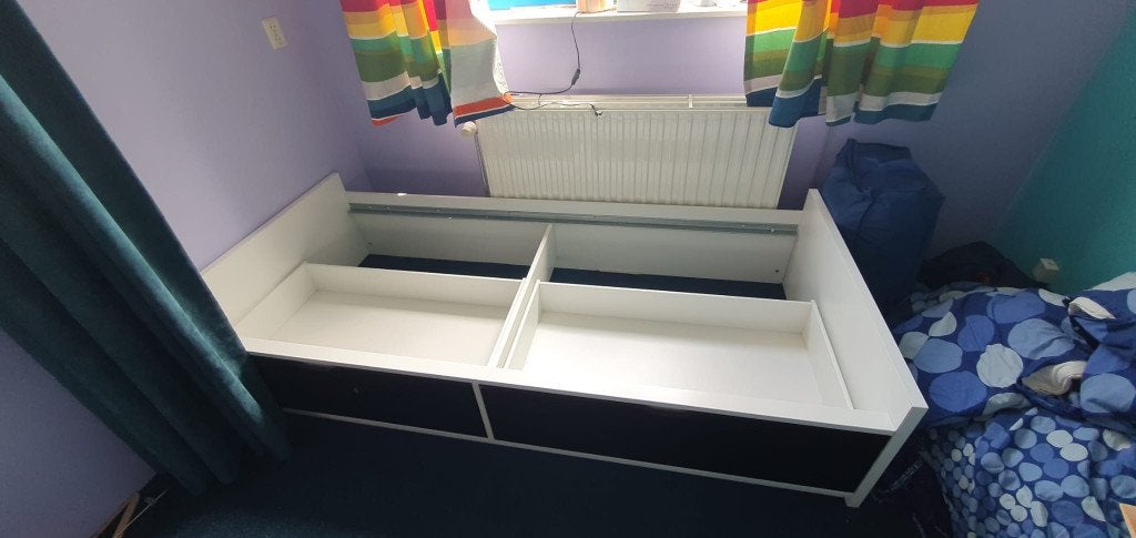 Eenpersoons ikea flaxa bed met lades, Ophalen, Gebruikt, 90 cm, Eenpersoons