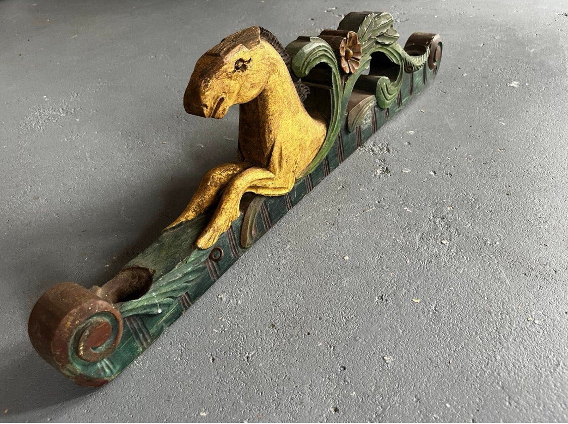 oud Antiek houten kortewagen rijtuig ornament paard hoofd, Antiek en Kunst, Curiosa en Brocante, Ophalen of Verzenden
