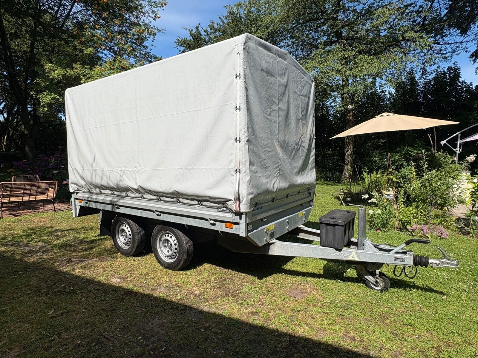 Saris plateauwagen, geremde dubbelasser met huif i.z.g.st., Auto diversen, Aanhangers en Bagagewagens, Ophalen, Gebruikt