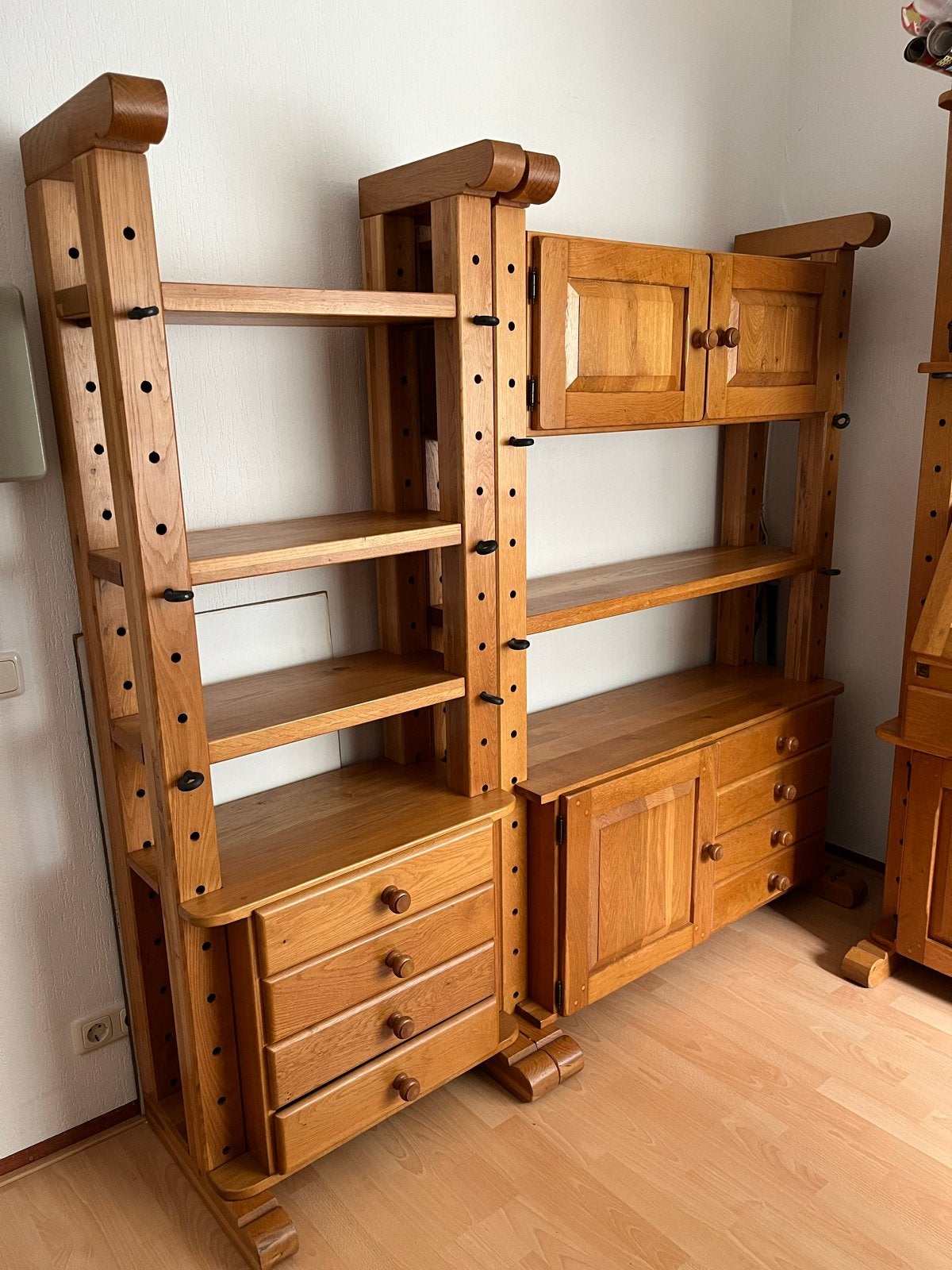 Massief eikenhouten wandmeubel met bureau en kasten, Ophalen, Gebruikt, Eikenhout, 200 cm of meer