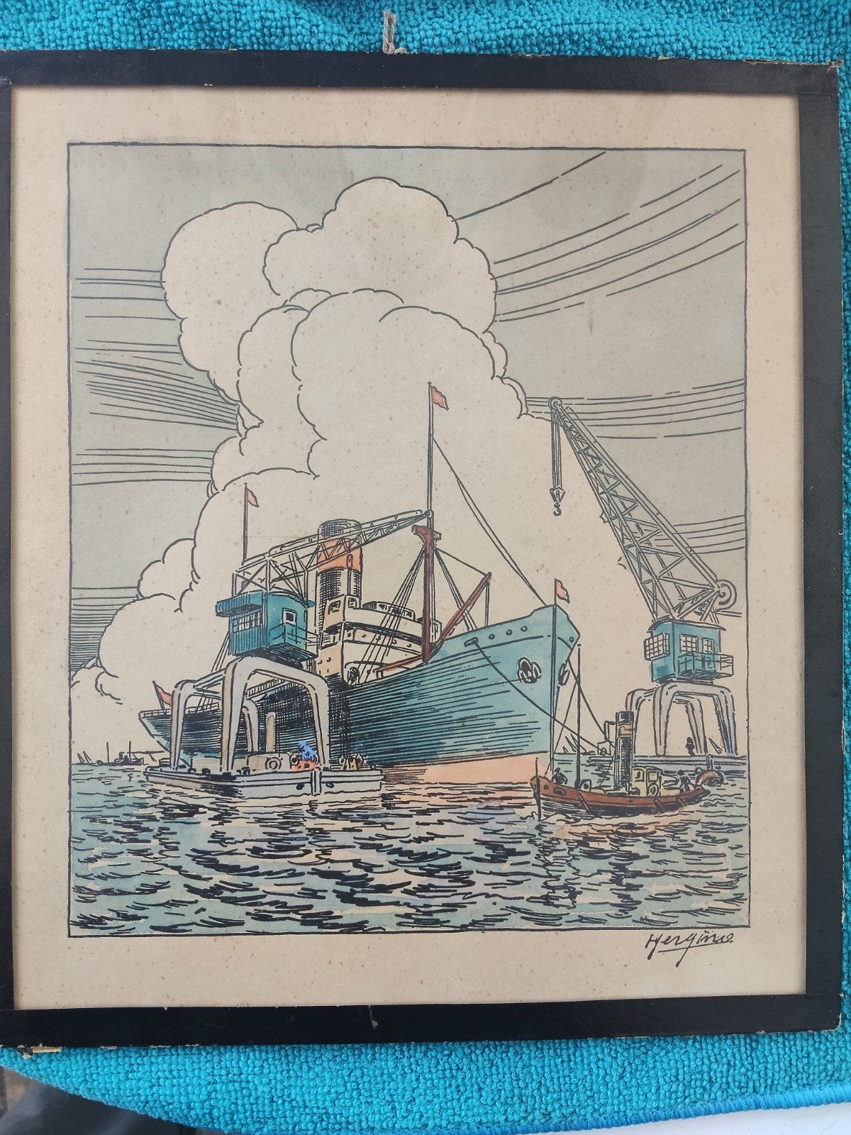 Aquarel van havengezicht, gesigneerd kunstenaar Hergino, Ophalen, Aquarel, Ingelijst