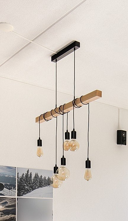Hanglamp met houten balk en diverse peertjes - 1m breed, Ophalen, Gebruikt, Industrieel, Modern, Scandinavisch, E27 (groot)