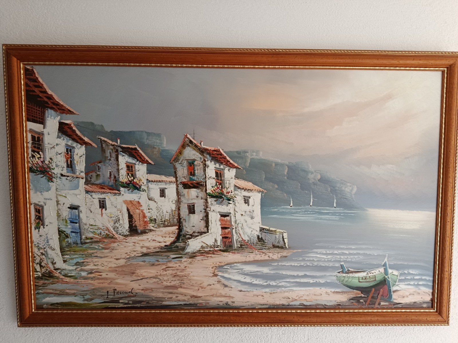 Olieverf Schilderij: Mediterrane Kust met Huizen en Boot, Ophalen