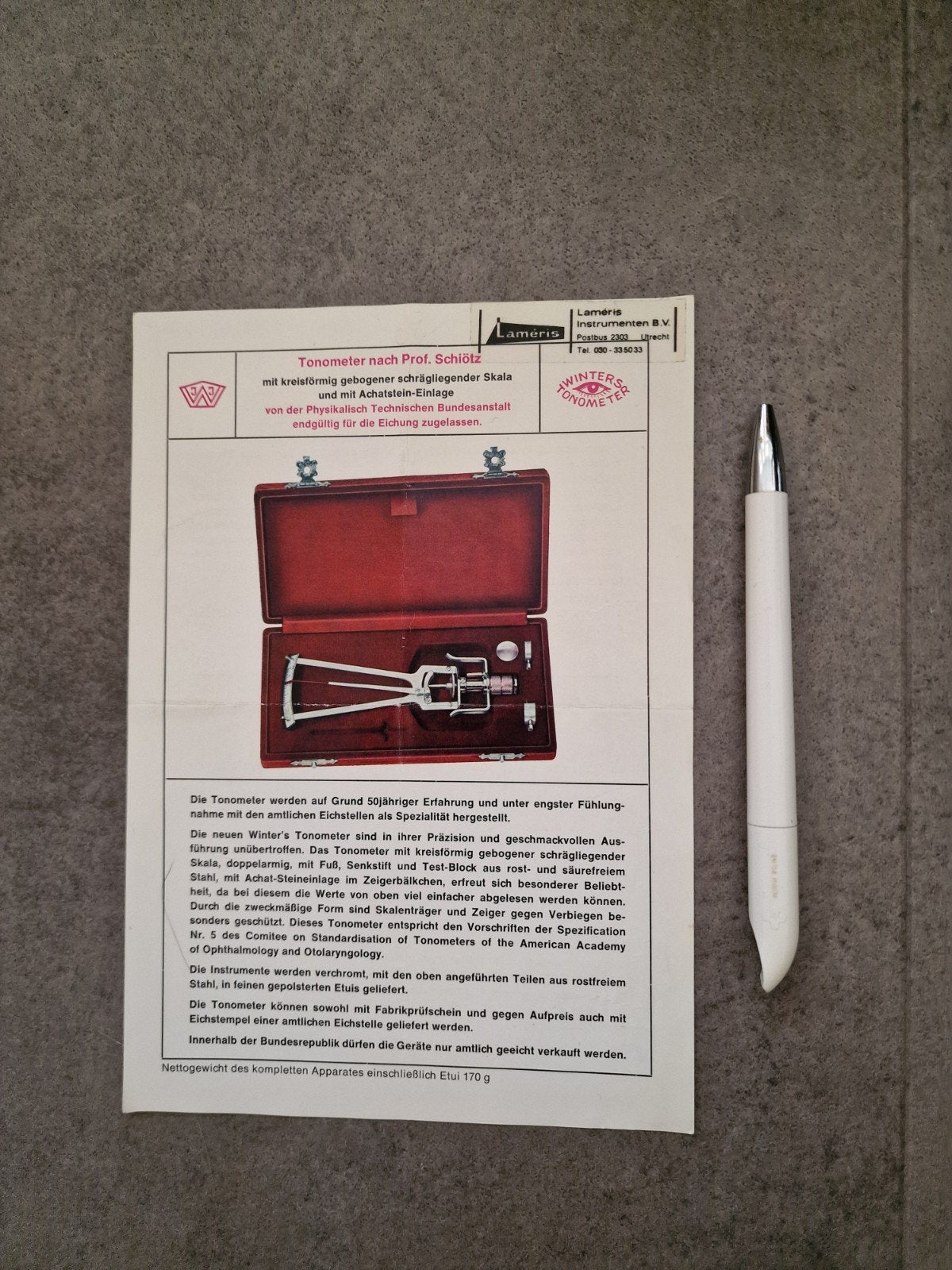 Tonometers volgens Schiötz - Oogdrukmeetinstrument, Ophalen of Verzenden, Zo goed als nieuw, Folder