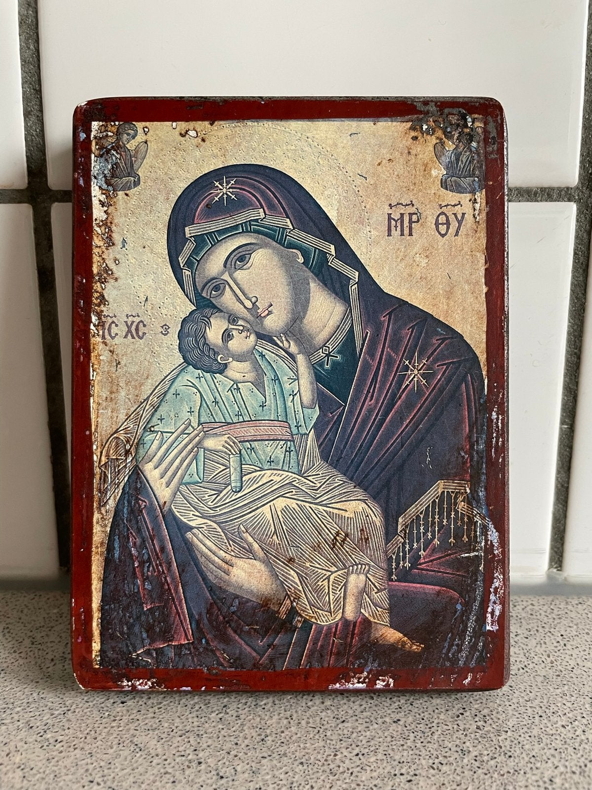 Maria met kind lijstje hout Grieks orthodoxe kerk, Ophalen of Verzenden, Zo goed als nieuw