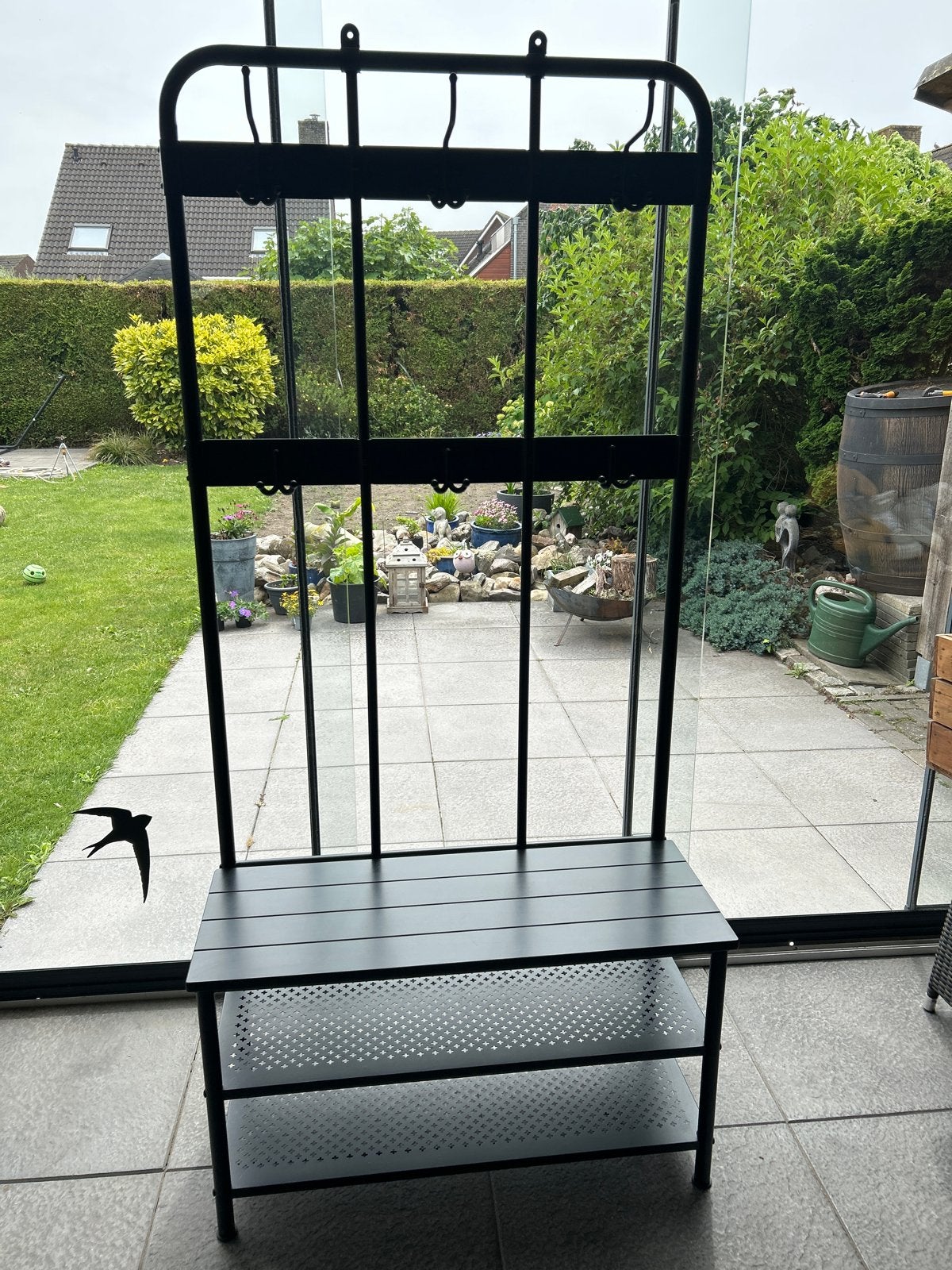 Zwarte kapstok met bankje en schoenenrek - 90x38x190 cm, Gebruikt, Ophalen of Verzenden, Metaal, Staande kapstok