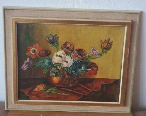 Olieverf Ton Albers anemonen in koperen pot, Antiek en Kunst, Ophalen