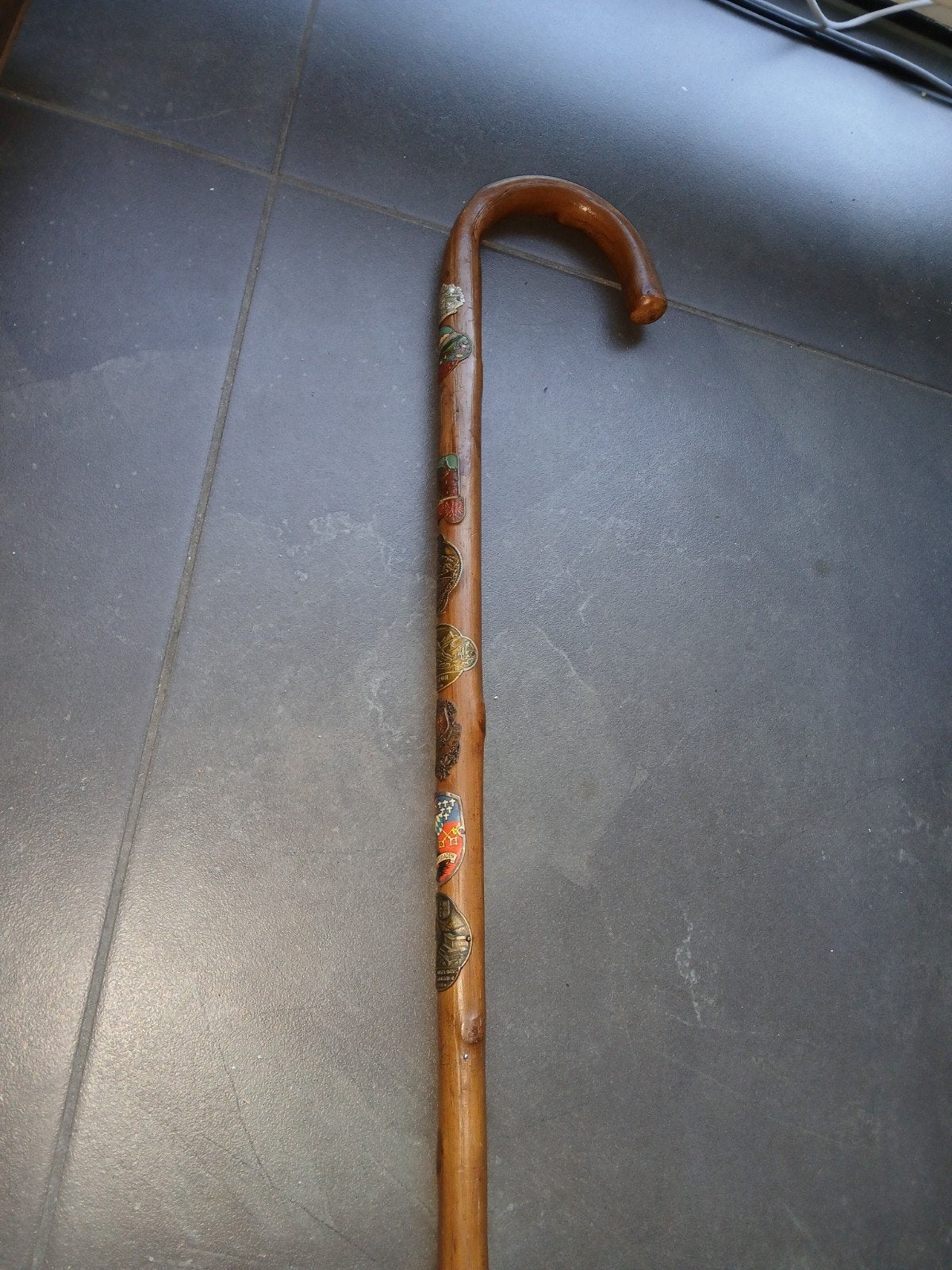 Vintage houten Alpewandelstok met authentieke Stocknägel (sc, Ophalen