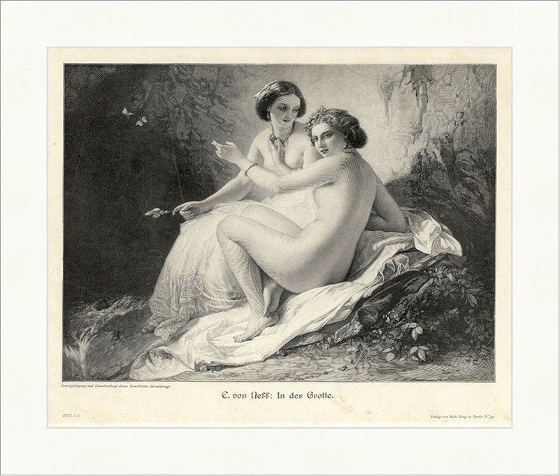 Timoleon von Neff "In der Grotte", anno 1883., Antiek en Kunst, Met passe-partout, 33 cm, 1800 - 1899, Portret