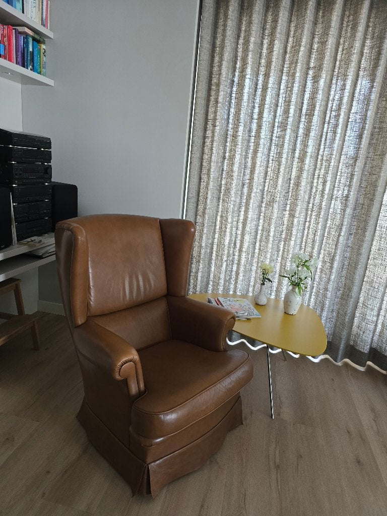 leren cognac-kleurige fauteuil, Ophalen, Gebruikt, 50 tot 100 cm, Overige houtsoorten
