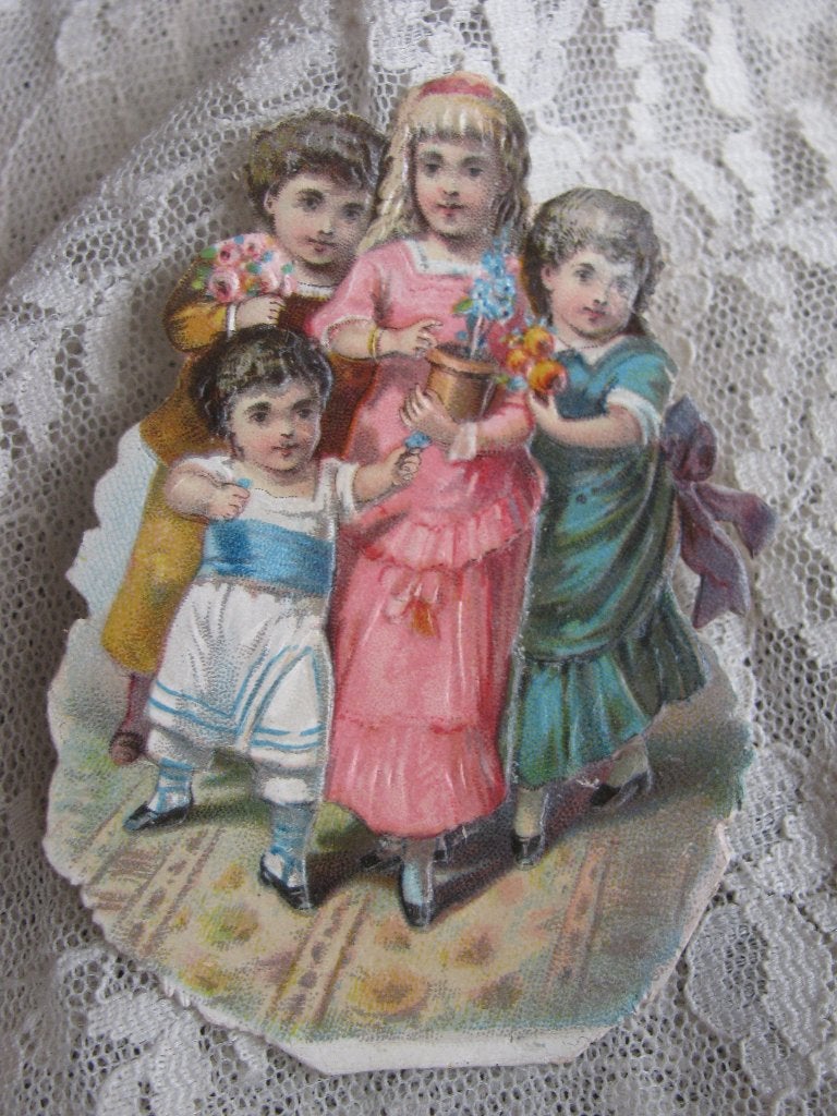 Antiek Poesieplaatje - Kinderen met Bloemen 7 x 5 cm, Verzamelen, Verzenden