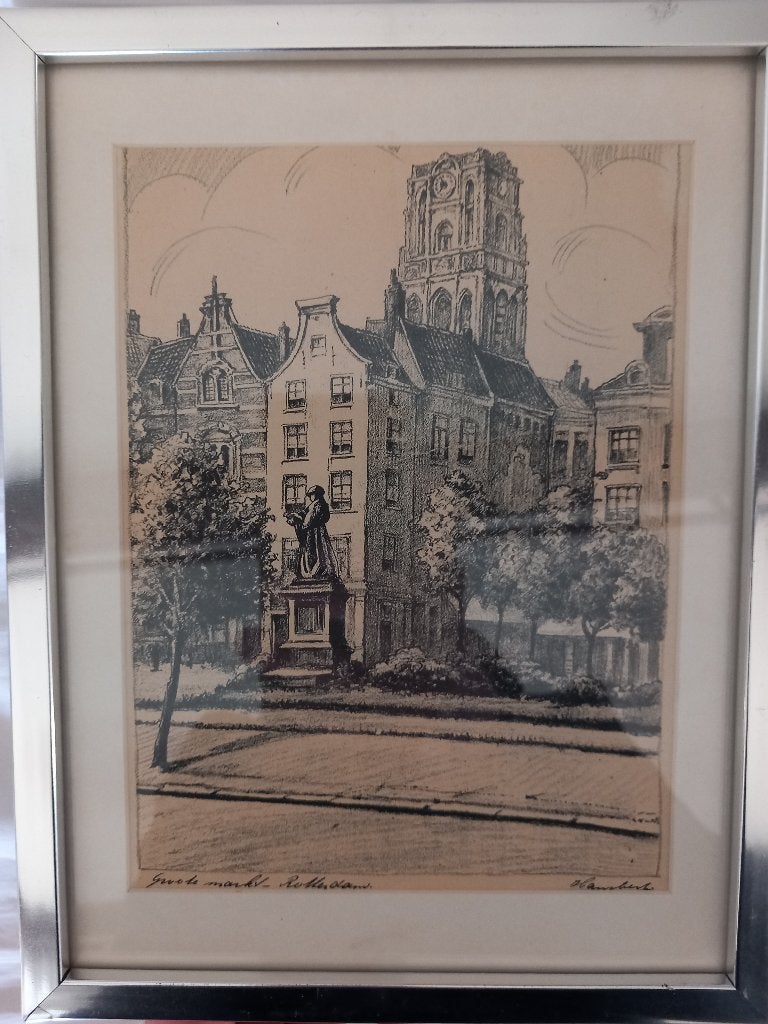 Grotemarkt rotterdam beeld erasmus door Hansbert, grote kerk, Antiek en Kunst, Kunst | Tekeningen en Foto's, Ophalen of Verzenden
