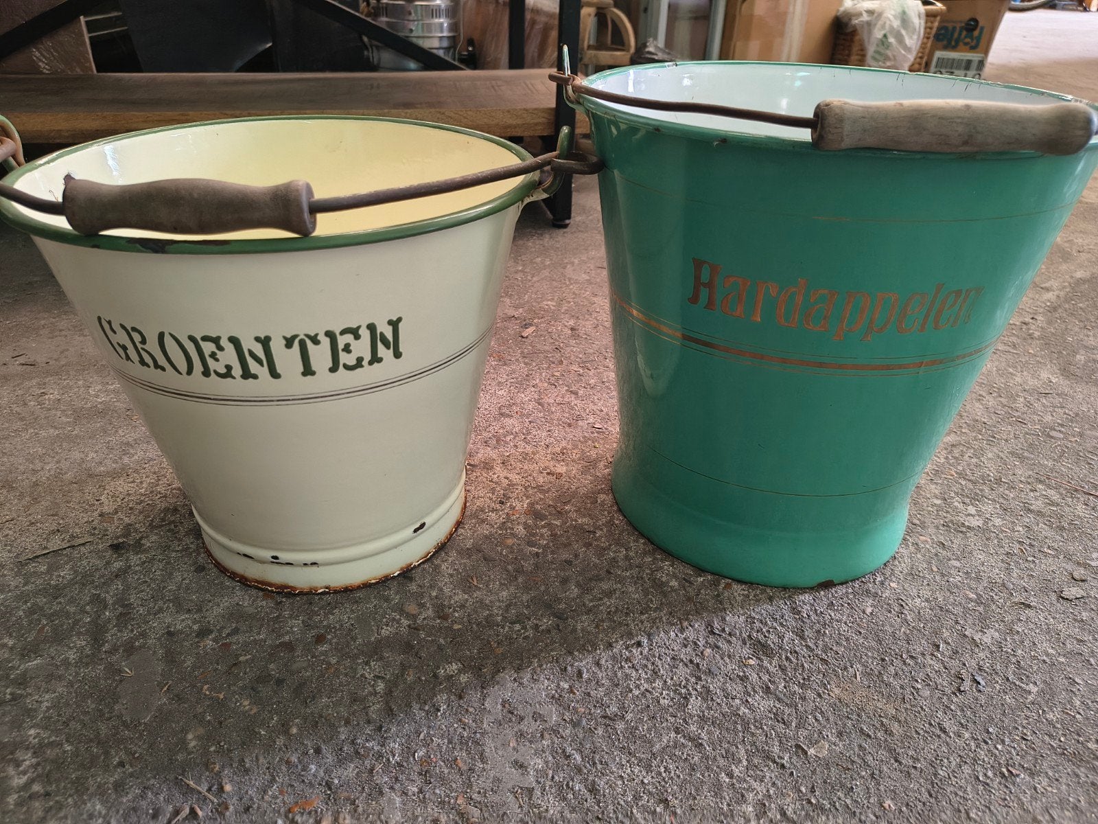 Vintage emaille emmers met tekst decoratie,planten bak, Ophalen of Verzenden