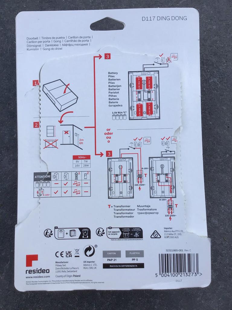 Honeywell Home D117 Ding Dong Deurbel - Nieuw in verpakking, Huis en Inrichting, Ophalen of Verzenden, Nieuw, Bedraad