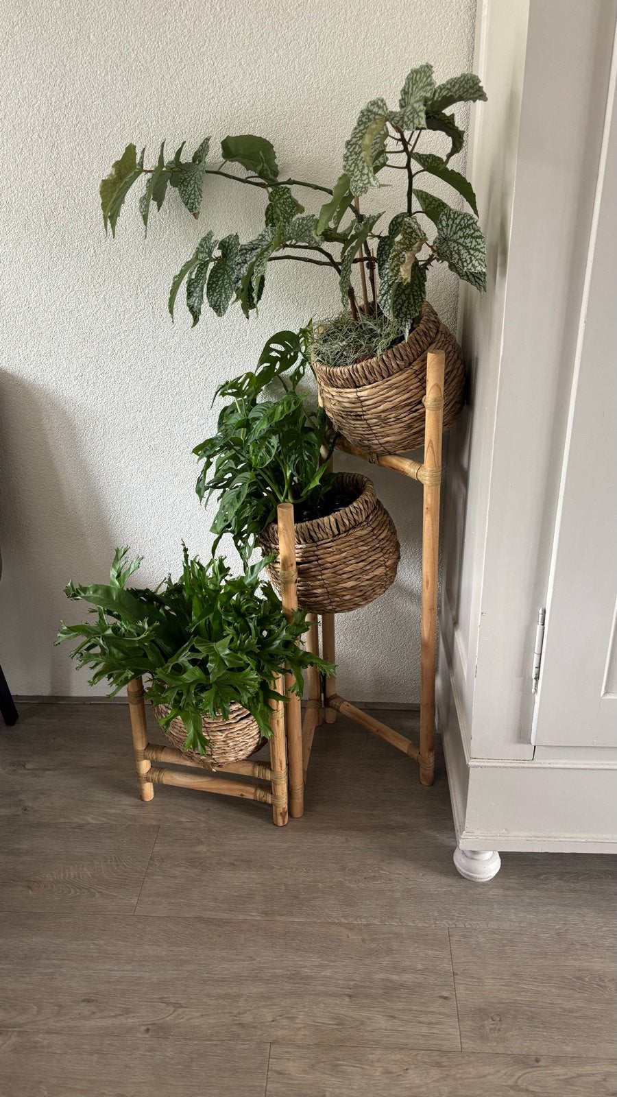 Bamboe plantenrek met 3 manden - uitvouwbaar, Verzenden, Boho, Zo goed als nieuw, Natuurlijk materiaal