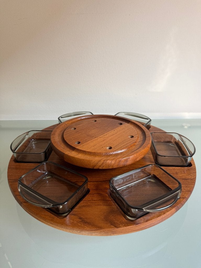 Vintage Digsmed Deens teak draaiplateau rookglas schaaltjes, Overige typen, Hout, Ophalen of Verzenden, Zo goed als nieuw