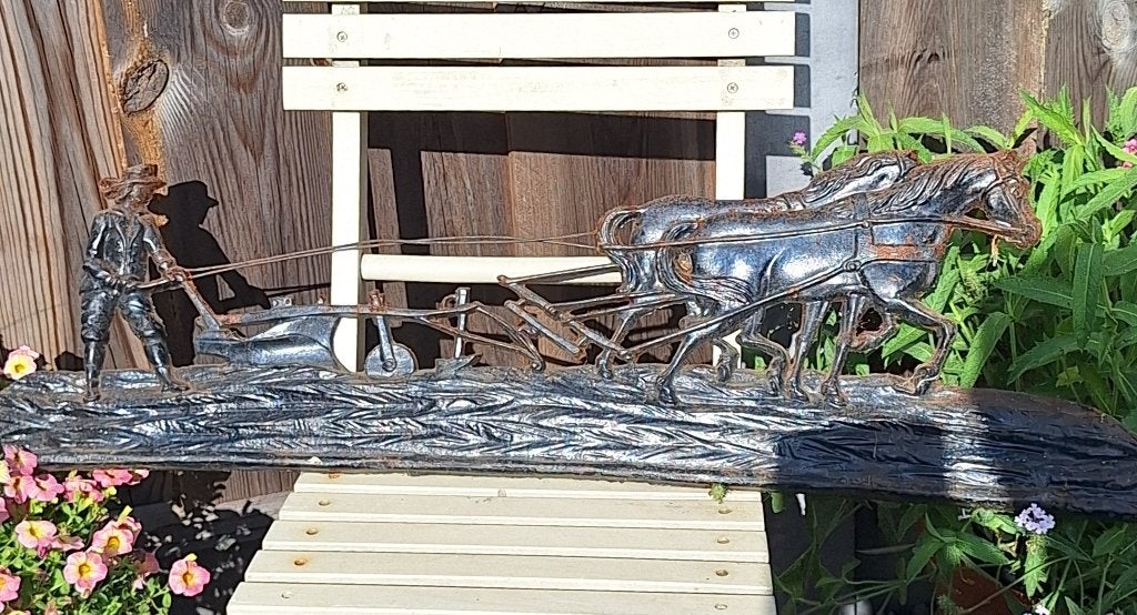 Beeld plaquette Ploegende boer gietijzer, Ophalen, Gebruikt