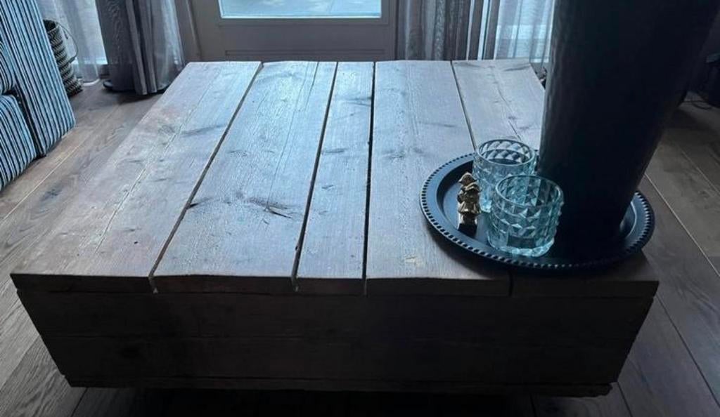 Steigerhouten salontafel met lade, Gebruikt, 50 tot 100 cm, Vierkant, Minder dan 50 cm