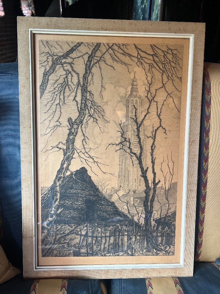 Toon de Jong - Framed etching: Cityscape with church tower, Ophalen, Landschap, Ets, Ingelijst