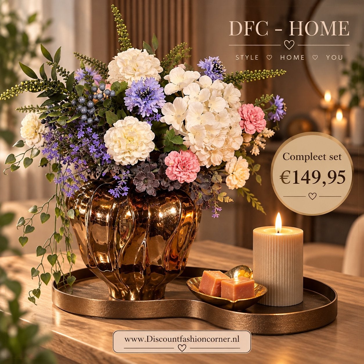 Tafeldecoratie set - Compleet zijden bloemen decoratie set, 40 cm, Www.discountfashioncorner.nl, Inclusief kunstbloemen, Ophalen of Verzenden