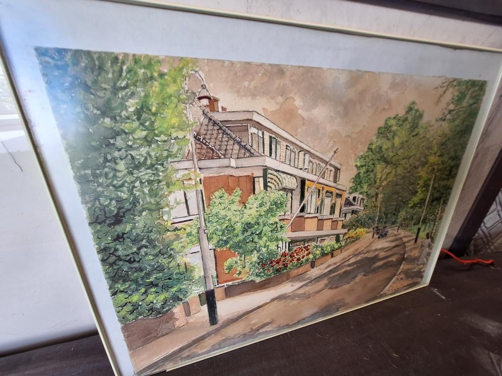 JH Dollee Aquarel: Straatbeeld met Huizen en Bomen, Antiek en Kunst, Ophalen of Verzenden