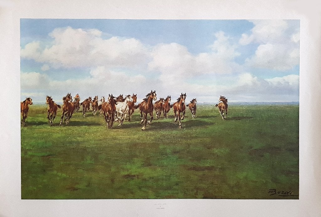 Vintage Lithografie print "The Rebel Herd" door Mario Bordi, Antiek en Kunst, Overige technieken, 91 cm, Flora en Fauna, Ophalen