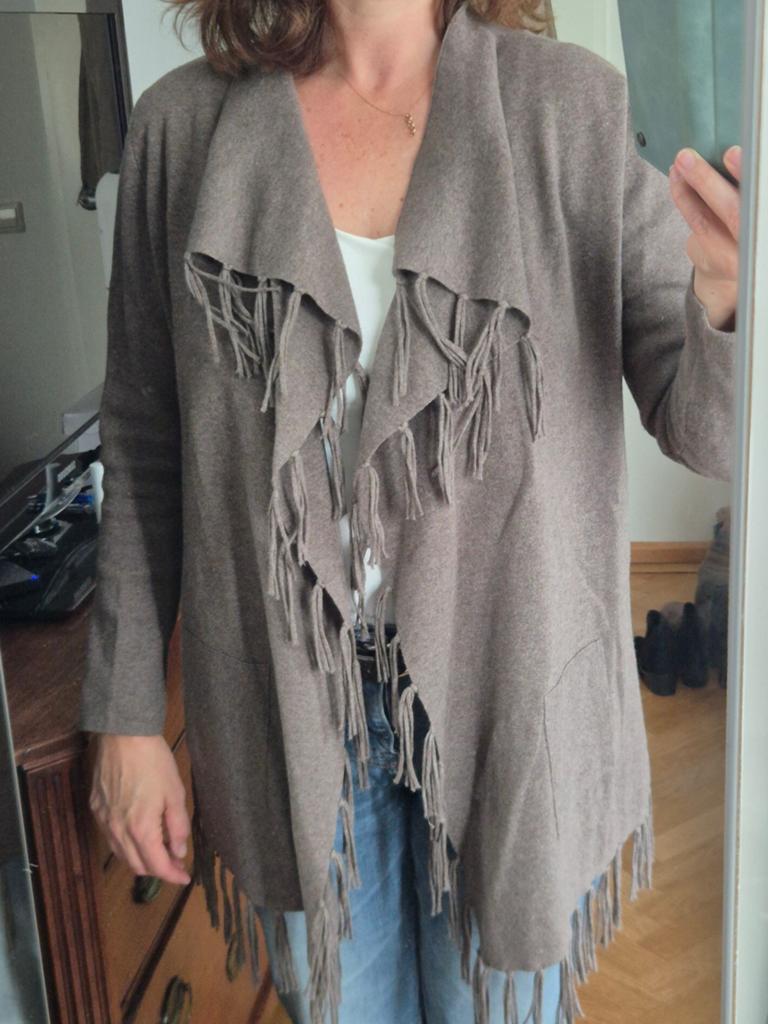 Rodier taupe vest met franjes, katoen/kasjmier, maat 42, Maat 42/44 (L), Ophalen of Verzenden, Zo goed als nieuw, Overige kleuren