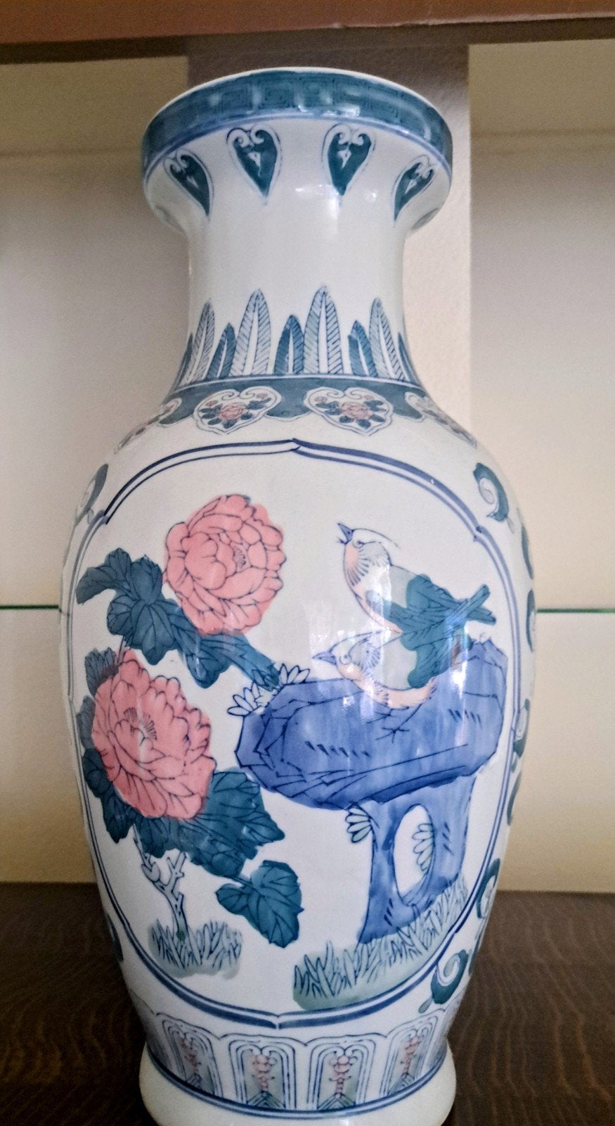 Grote Chinese vaas met vogel- en bloemmotief, 46 cm, Ophalen
