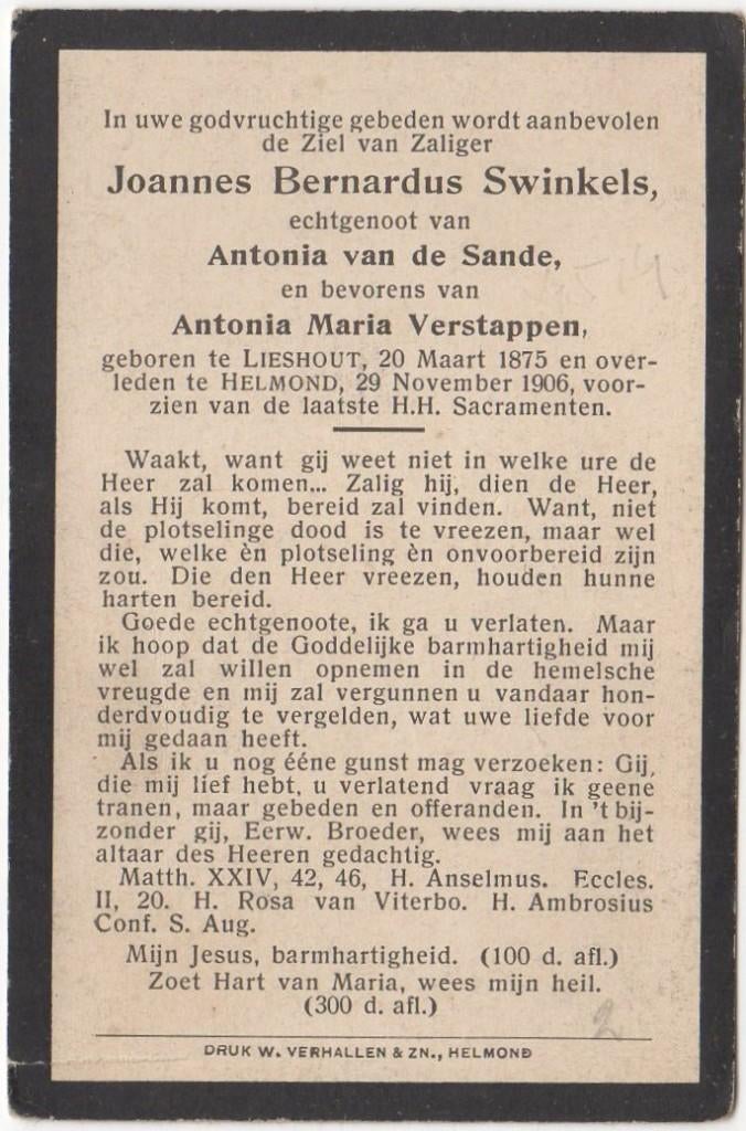 Joannes B. Swinkels 1875 Lieshout + 1906 Helmond, 31 jaar, Verzenden