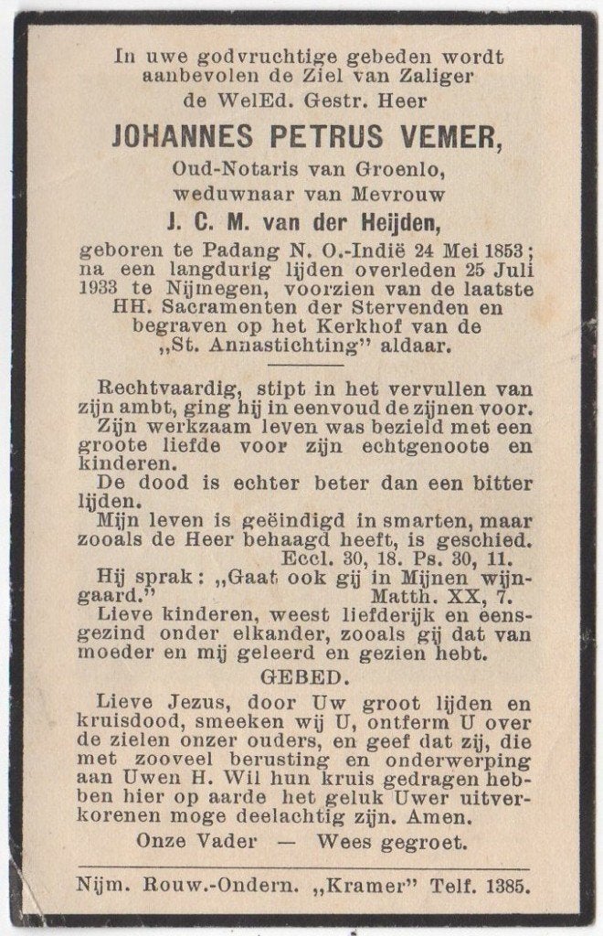 Johannes P. Vemer 1853 Padang N.O.Indië + 1933 Nijmegen, Verzenden