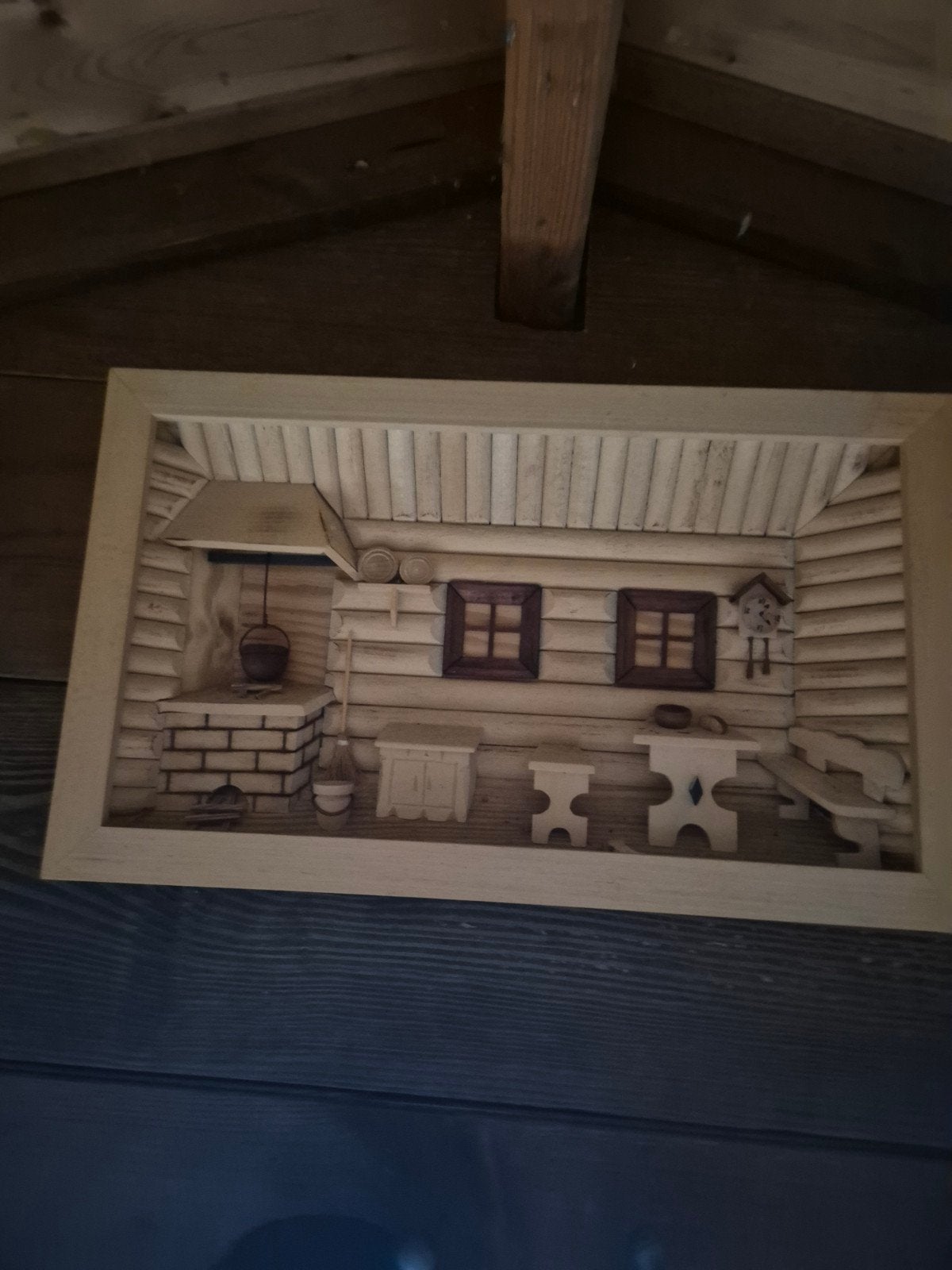 Houten 3D-wanddecoratie: Rustieke hutscène, Ophalen of Verzenden, Handgemaakt, Wanddecoratie, 20 - 50 cm