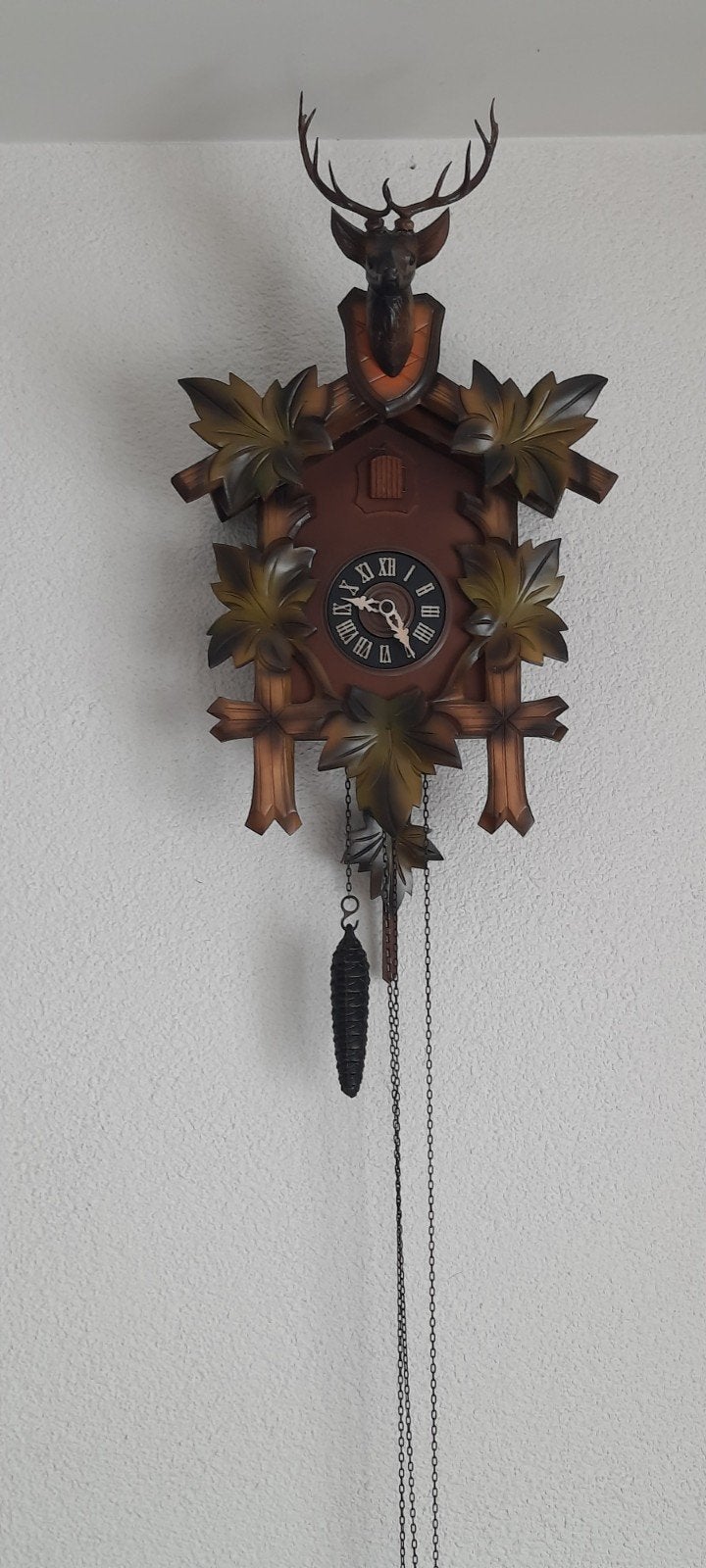 Antieke Koekoeksklok met Hertenkop en Bladeren, Antiek en Kunst, Antiek | Klokken, Ophalen of Verzenden
