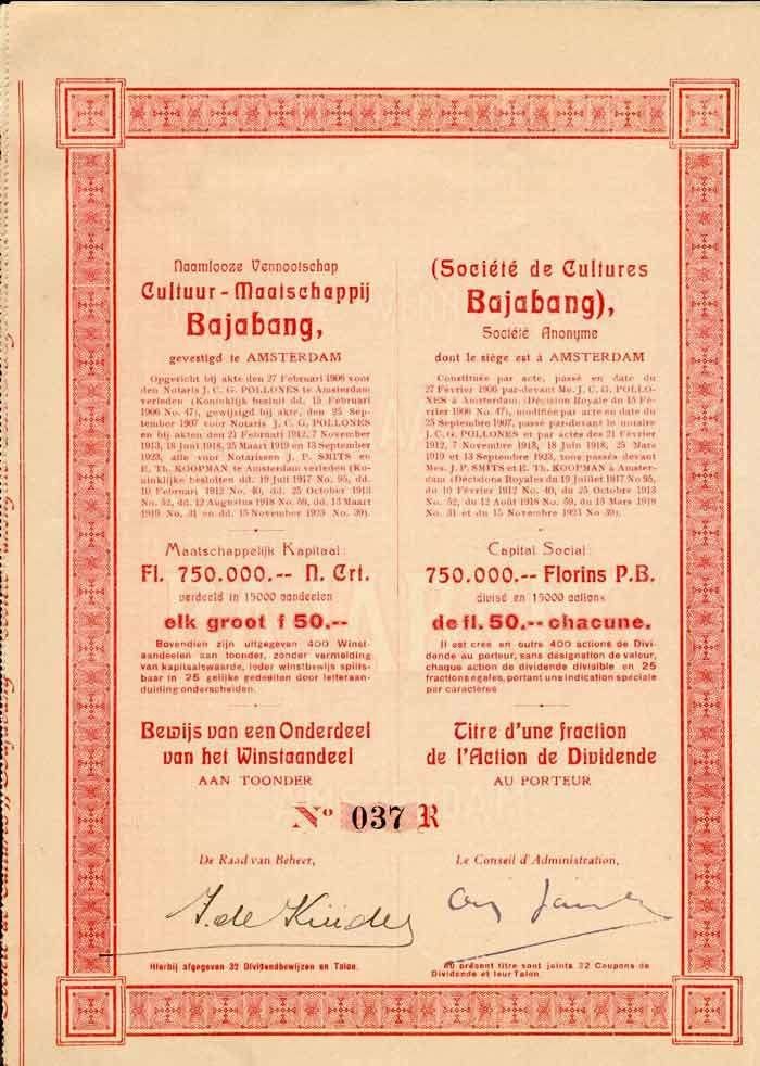 Cultuur Maatschappij Bajabang, Postzegels en Munten, Aandelen en Waardepapieren, Ophalen of Verzenden, 1920 tot 1950, Aandeel