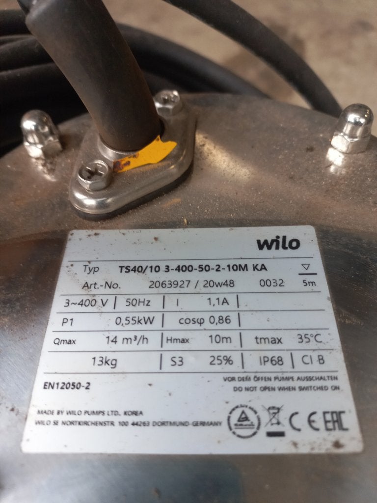 Wilo TS40/10 Dompelpomp - 0.55kW, 14m³/h, 10m opvoer, Tuin en Terras, Waterpompen, Ophalen, Gebruikt, Elektrisch, Dompelpomp