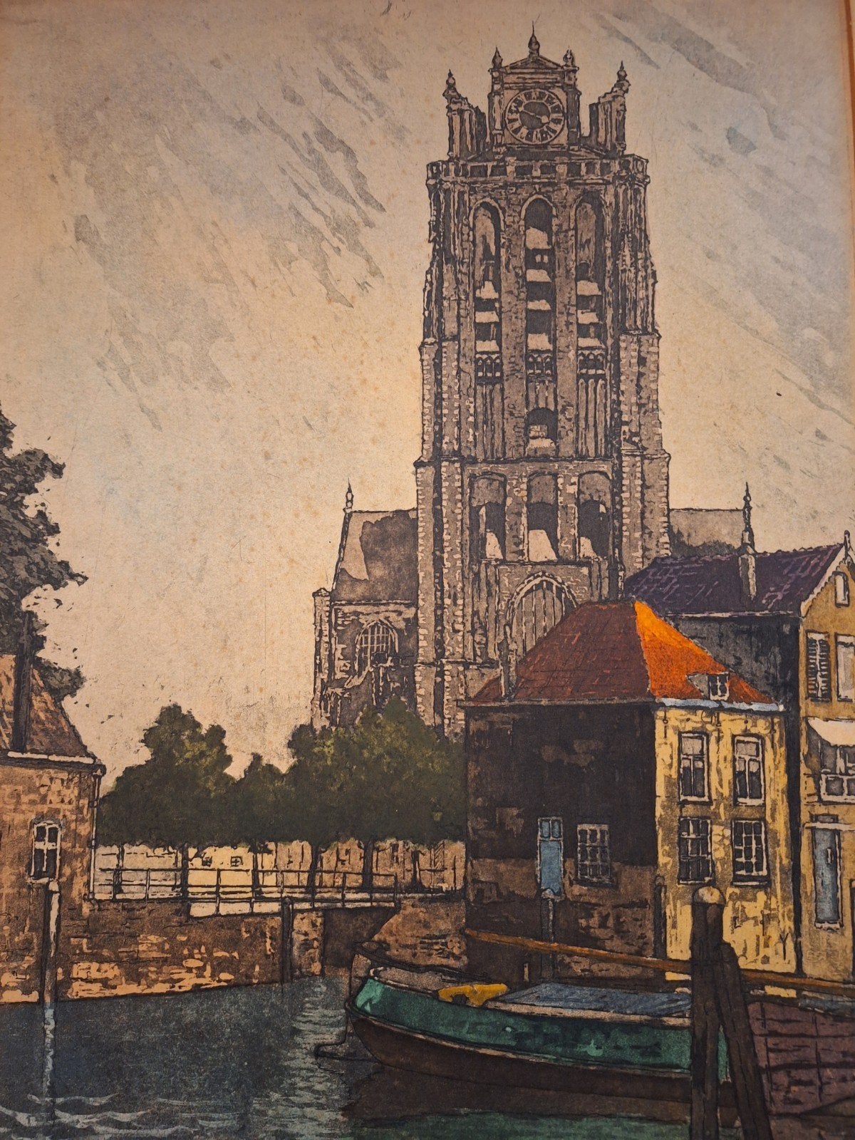 Ets Dordrecht door Marius de Jongere, Ets, Stadsgezicht, Ophalen of Verzenden, Gesigneerd