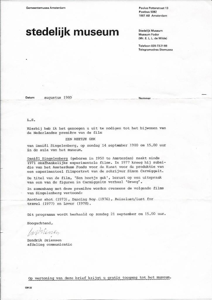 Uitnodiging Film Simon Carmiggelt, Een beetje gek., Ophalen of Verzenden, Zo goed als nieuw, Film- of Tv-bewerking
