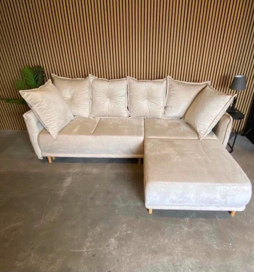 !!ACTIE!! BEIGE VELVET HOEKBANK, IN PRIJS VERLAAGD, Huis en Inrichting, Banken | Bankstellen, MODERN, Verzenden, Hoekbank, 150 cm of meer