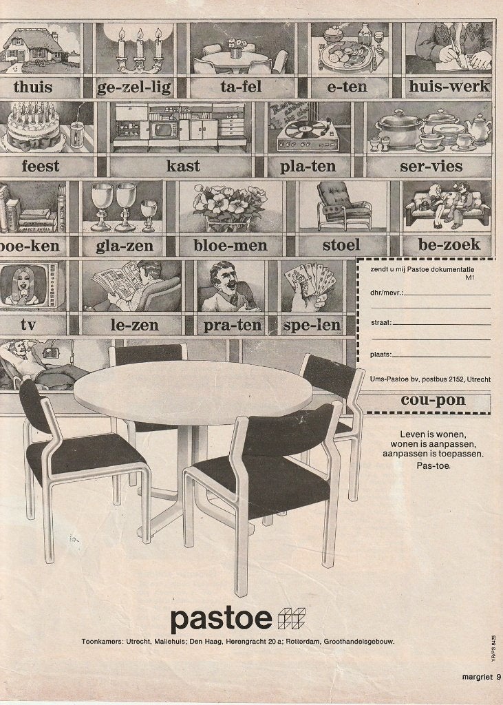 Retro reclame 1973 Pastoe Utrecht Aap Noot Mies tafelset, Verzamelen, Verzenden, Overige typen