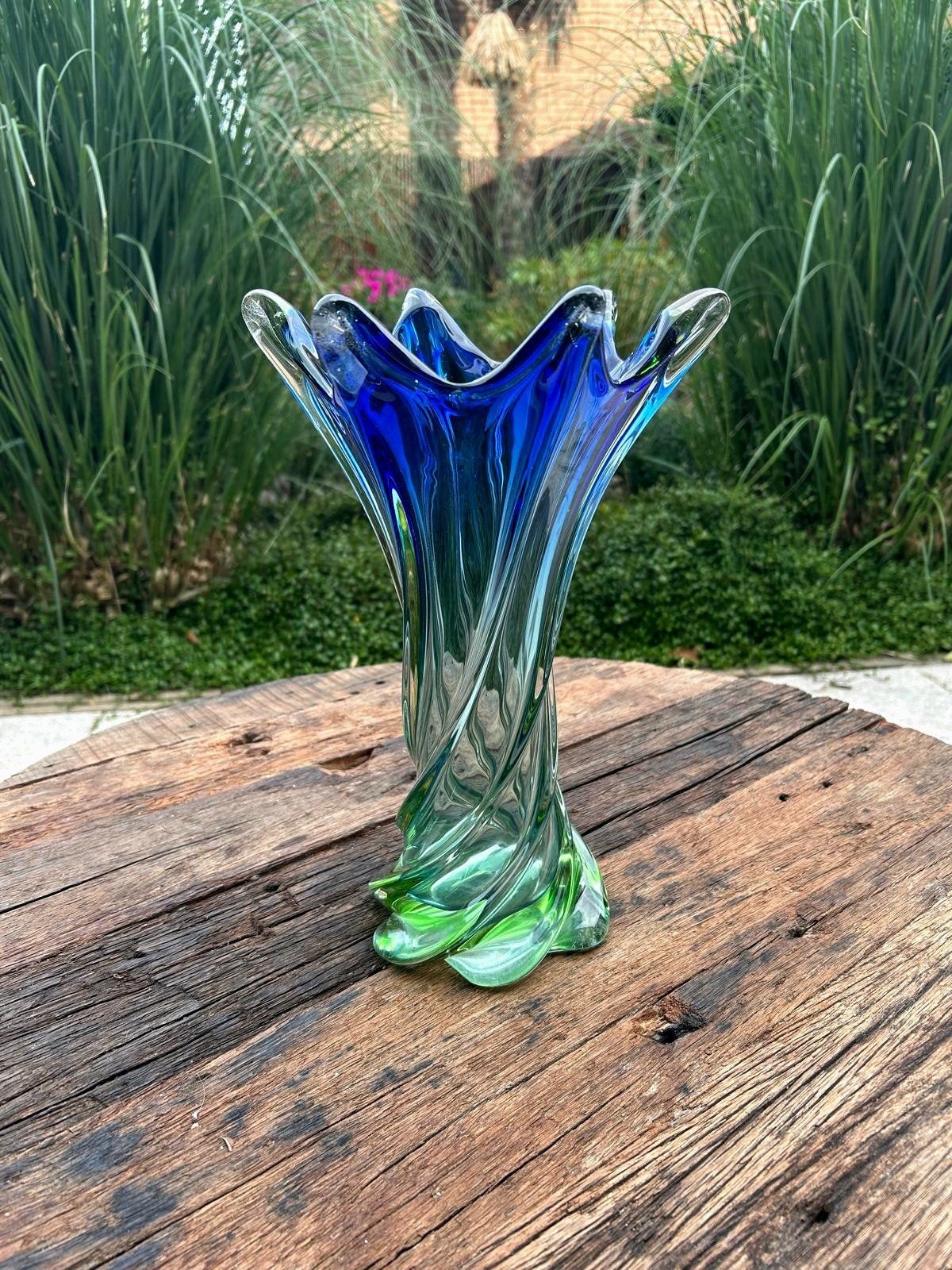 Prachtige Vintage Murano Style Glazen Vaas – Blauw & Groen S, Antiek en Kunst, Antiek | Vazen, Ophalen of Verzenden