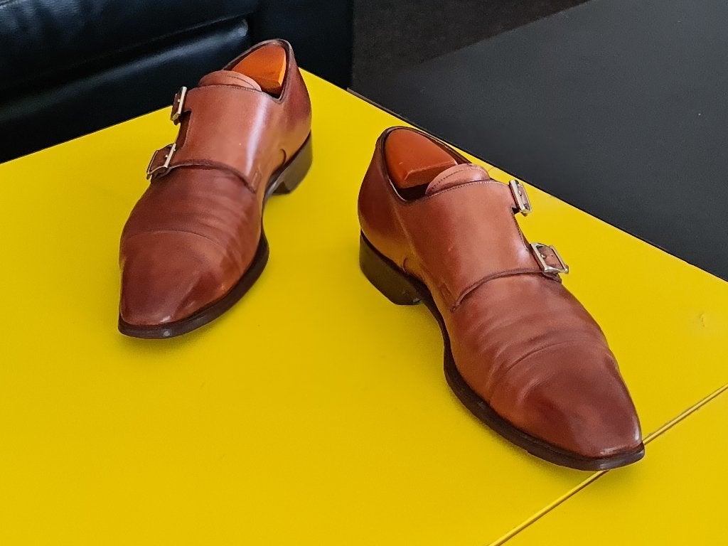 Prachtige Santoni schoenen met 2  gesp en Cognac kleur 41/5, Ophalen, Bruin, Santoni, Gespschoenen