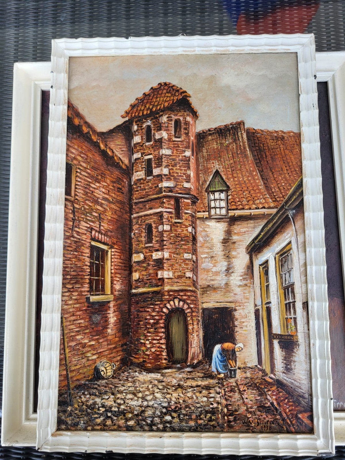 Olieverfschilderij: Stadsgezicht met vrouw, Ophalen of Verzenden