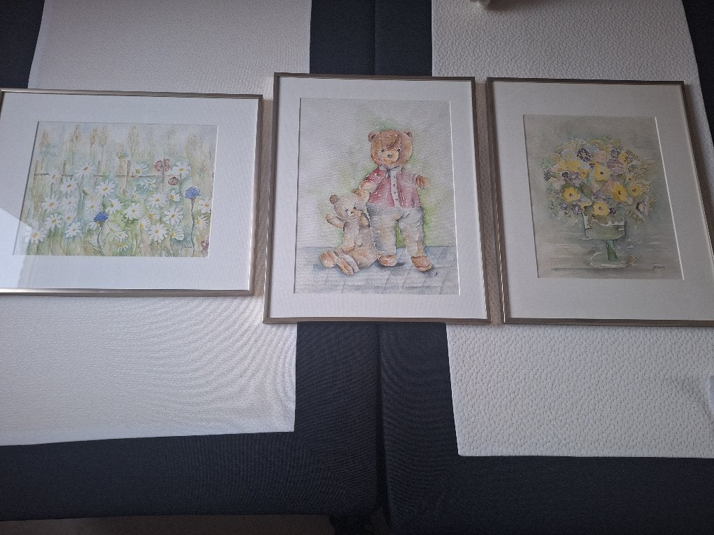 3 Aquarel Schilderijen in lijst (van Metal Decor)40 x 50cm., Ophalen, Oorspronkelijke maker, Zo goed als nieuw, Schilderij