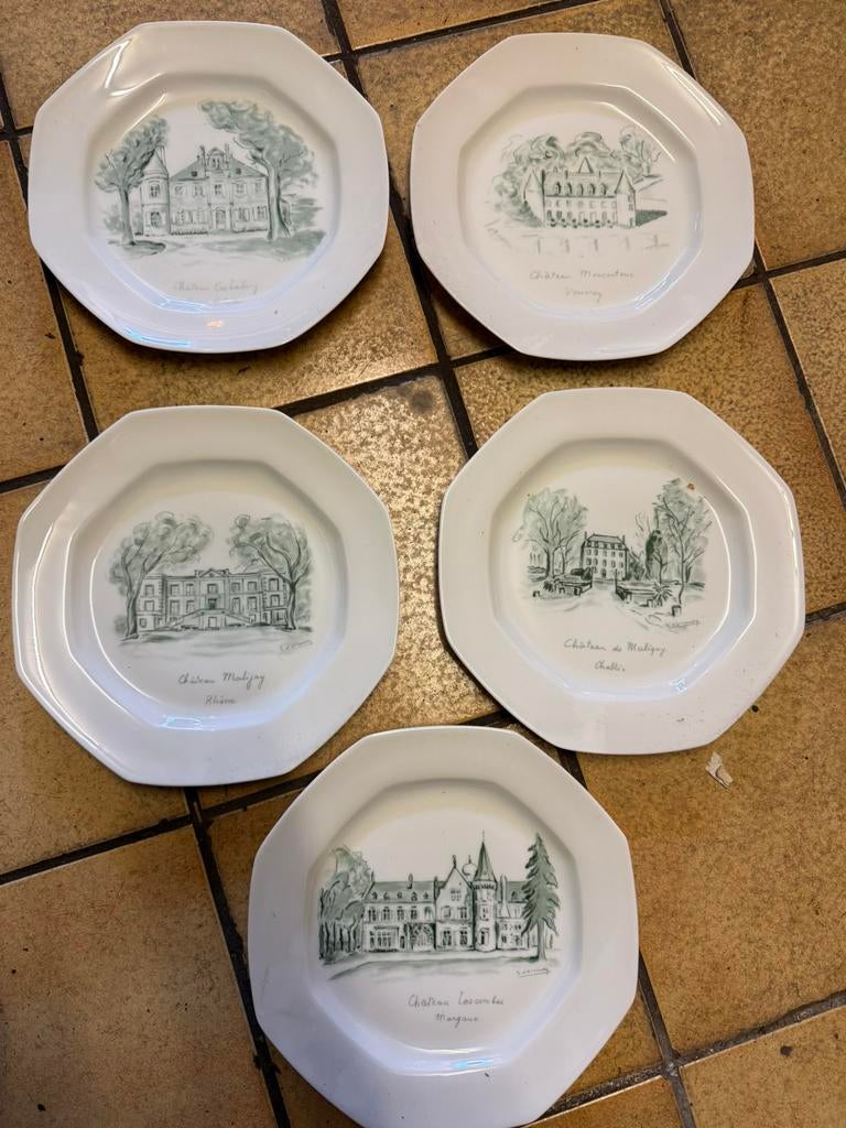 Set van 5 Limoges borden – Franse kastelen – elk bord uniek, Ophalen