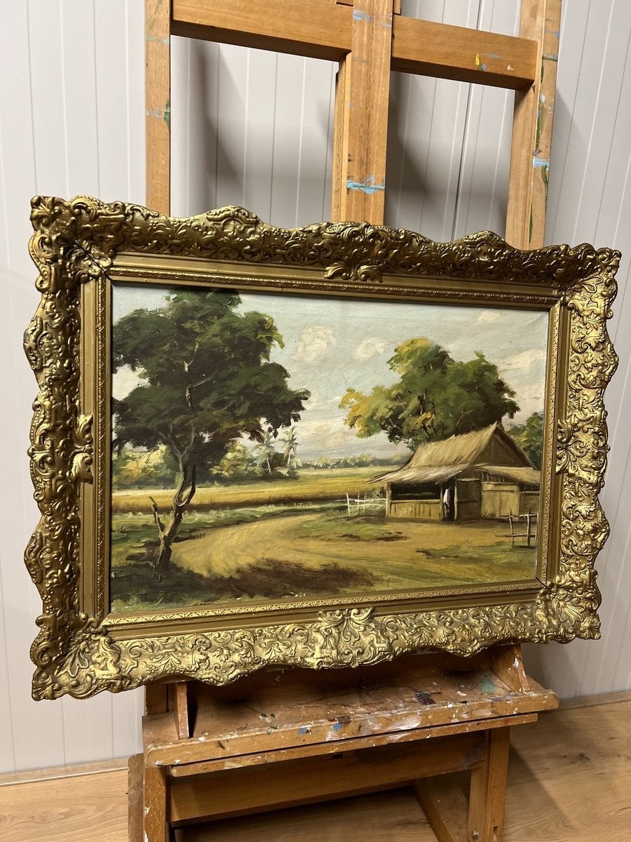Kavel 35 - Schilderij Drentse hei met schapenstal, Ophalen of Verzenden